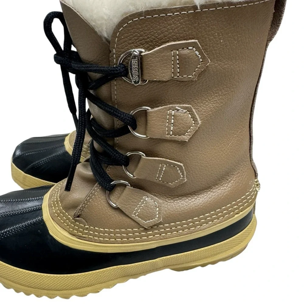 SOREL Women's Size 7 Manitou Tan/Blk Leather‎ Snow Winter Boots Made in CANADA